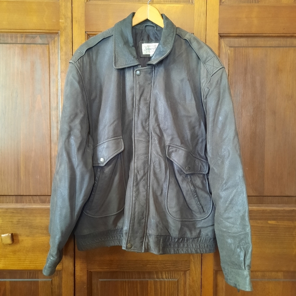 Vintage St. John's Bay Brown Leather Bomber Jacket Quilt Lined Size XL Tall